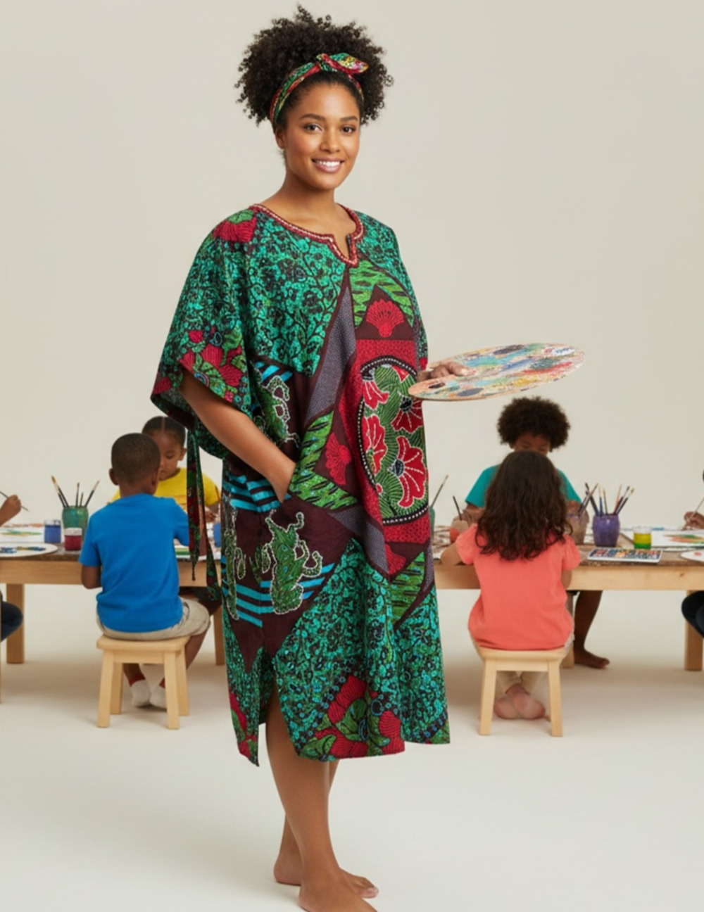 African Print Caftan Dress Rhinestone Horse Beaded Dashiki Ankara Art to Wear